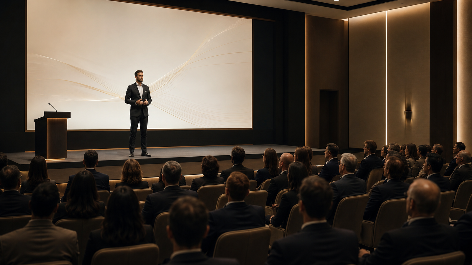 Ponencia empresarial en un auditorio premium