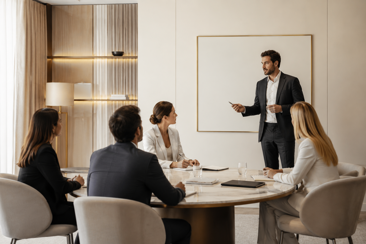 Reunión empresarial en una sala elegante y luminosa
